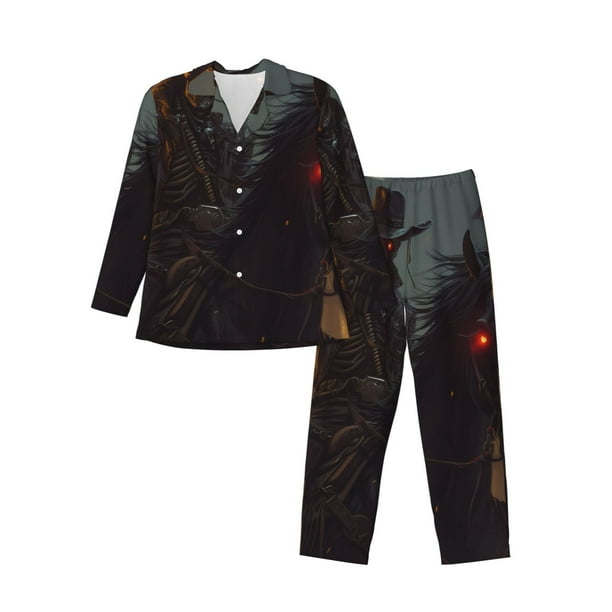Balery Cool Skull Western Cowboy Pijama para Hombre de Dos Piezas con Manga Larga, Conjunto de Dormir y Descanso Suave con Bolsillos-Medium