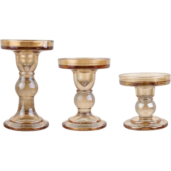 XIMEI 3-Piece Set of Amber Glass Candlestick, Crystal Candlestick Holder & Conical Candle, Christmas Candle Holder Decoration for Living Room/Wedding, Amber