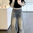 thumbnail image 4 of TIREOW Girls Retro Washed Wide Leg Denim Pants Elastic Waist Denim Trousers Fashionable Baggy Casual Streetwear Jeans(Blue,7-8 Years), 4 of 5