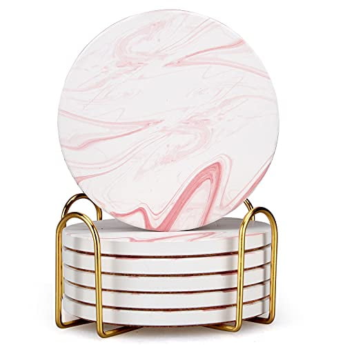 6 Pcs Cute Pink Marble Coasters with Holder Absorbent Ceramic Coasters Decorative Round Coaster Set Elegant Bar Table Drink Coasters
