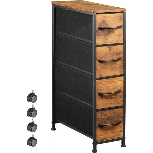 Narrow Dresser Storage Tower with 4 Drawers, Slim Dresser Chest of Drawers with Steel Frame, Wood Top, Dresser for Bedroom, Bathroom, Small Spaces, Laundry, Closet (Rustic Brown)