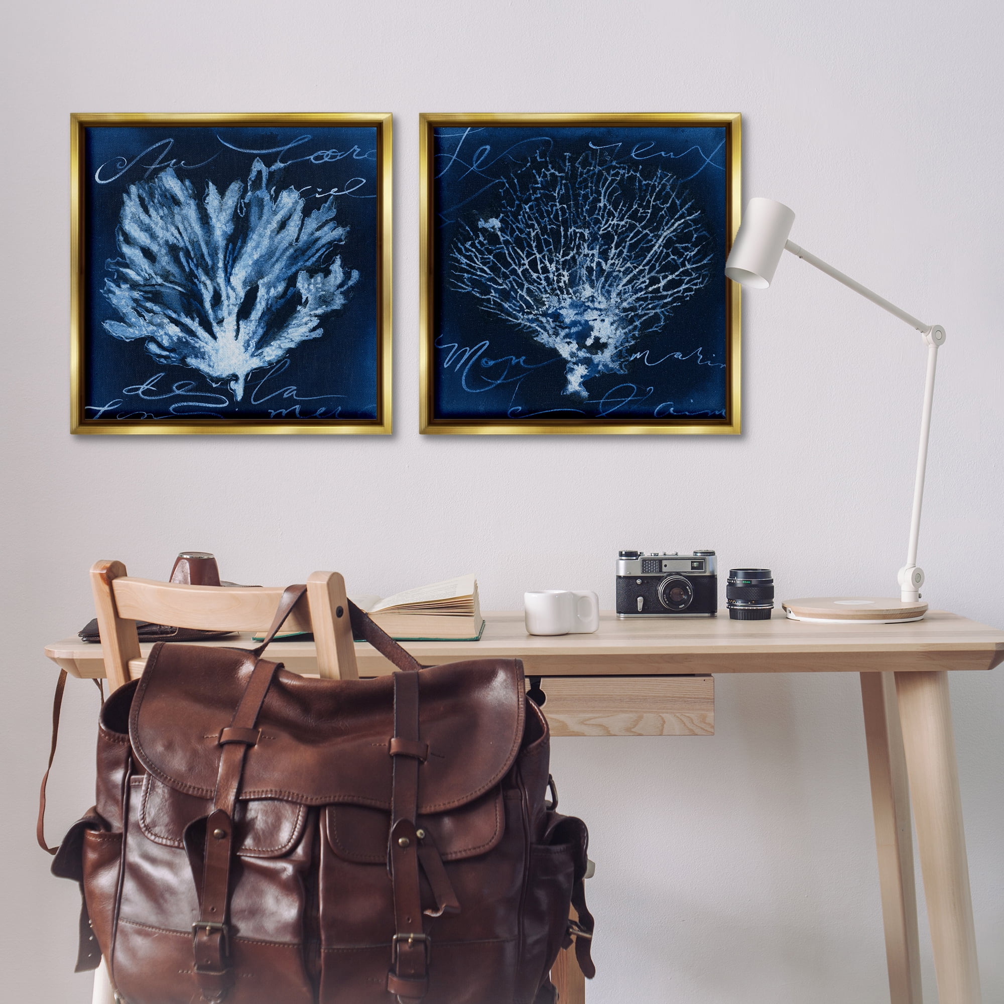 Stupell Industries Dark Blue Coral Pieces Nautical & Beach Painting Gold Floater Framed Canvas Art Print Wall Art, 25 x 25, Set of 2