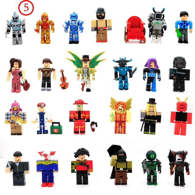 juego de muñecas roblox de mundo virtual, juguete de modelo de mano periférica, bloques de construcción de mundo virtual, decoración de muñecas, animal de peluche, patung — Pack de 24 piezas en bolsa con figuras estilo Roblox en PVC, vista frontal sobre fondo blanco; cada figura de silueta cuadriculada con accesorios visibles (cascos, capas, instrumentos, silla). Recomendado 12+. Frecuentemente usado como figuras coleccionables o decoración temática de videojuegos.