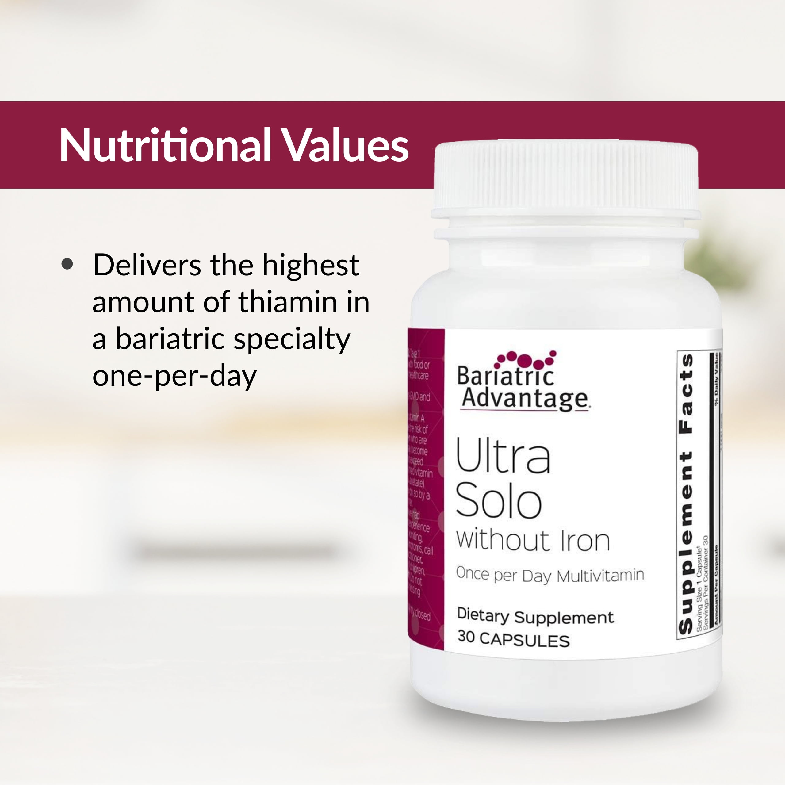 Bariatric Advantage Ultra Solo without Iron - Once-Per-Day Daily Multivitamin - For Bariatric Patients - With Thiamin, Vitamin A & More - Gluten Free - 30 Capsules