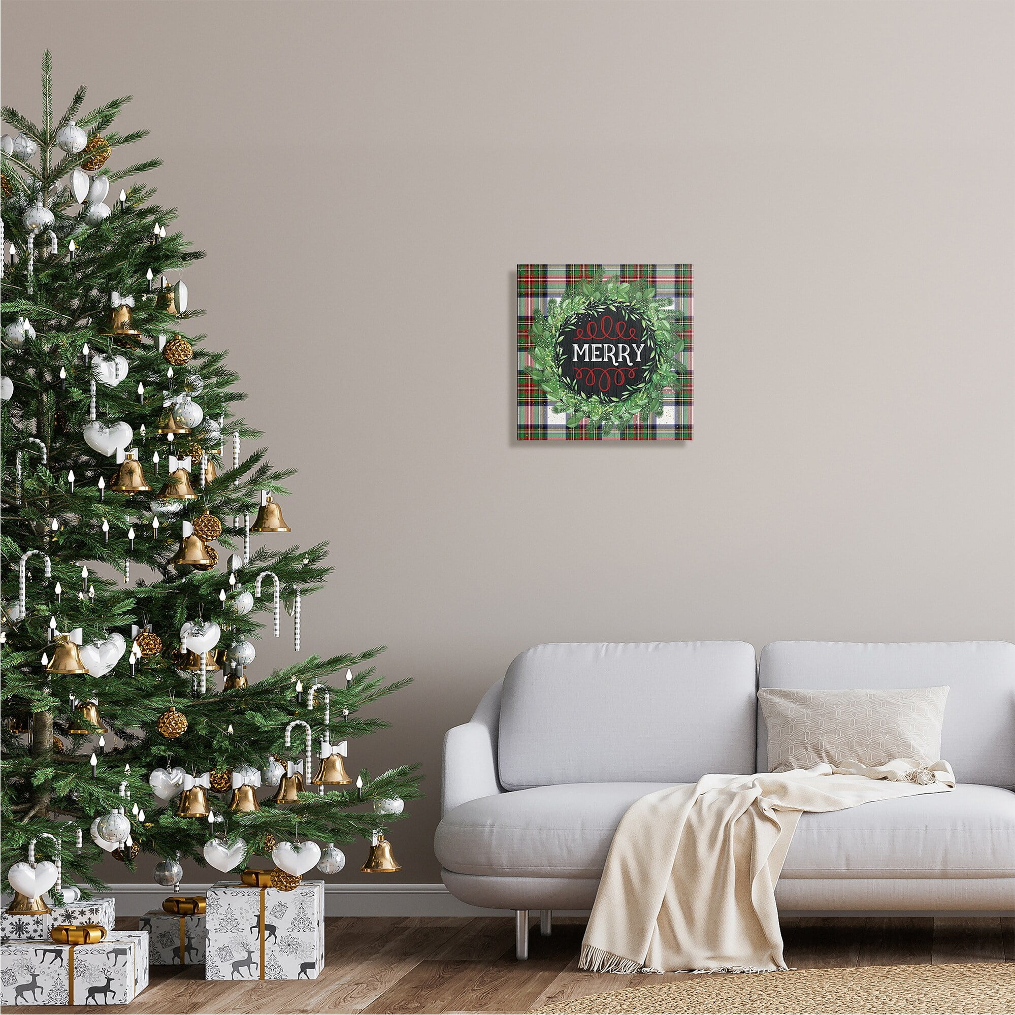 Stupell Industries Merry Sentiment Winter Pine Wreath Green Christmas Plaid, 17 x 17,Design by Jennifer Pugh