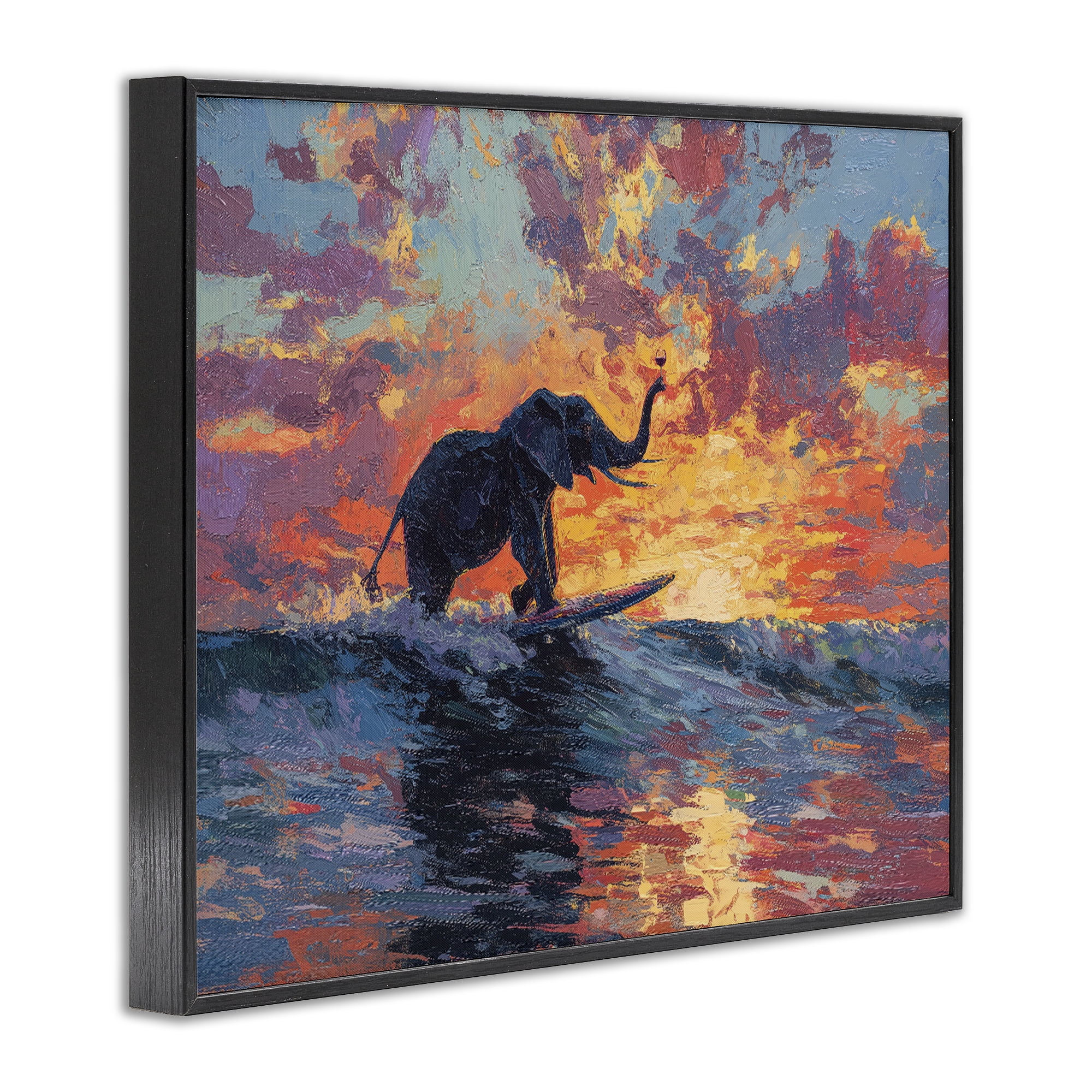 Sunset Surf Elephant Black Framed Giclee Art, design by Ziwei Li