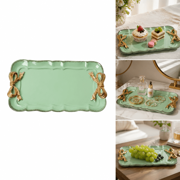 Resin Aesthetic Dessert Platter with Gold Bow, Snack Cake Serving Tray for Kitchen, Decorative Small Serving Platter, Party Dessert Display & Home Tabletop Decor (Light Green)