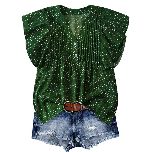 Tops de Color Sólido para las Mujeres Blusas de Cuello en V Manga Corta Plisada, Botón de Moda Casual