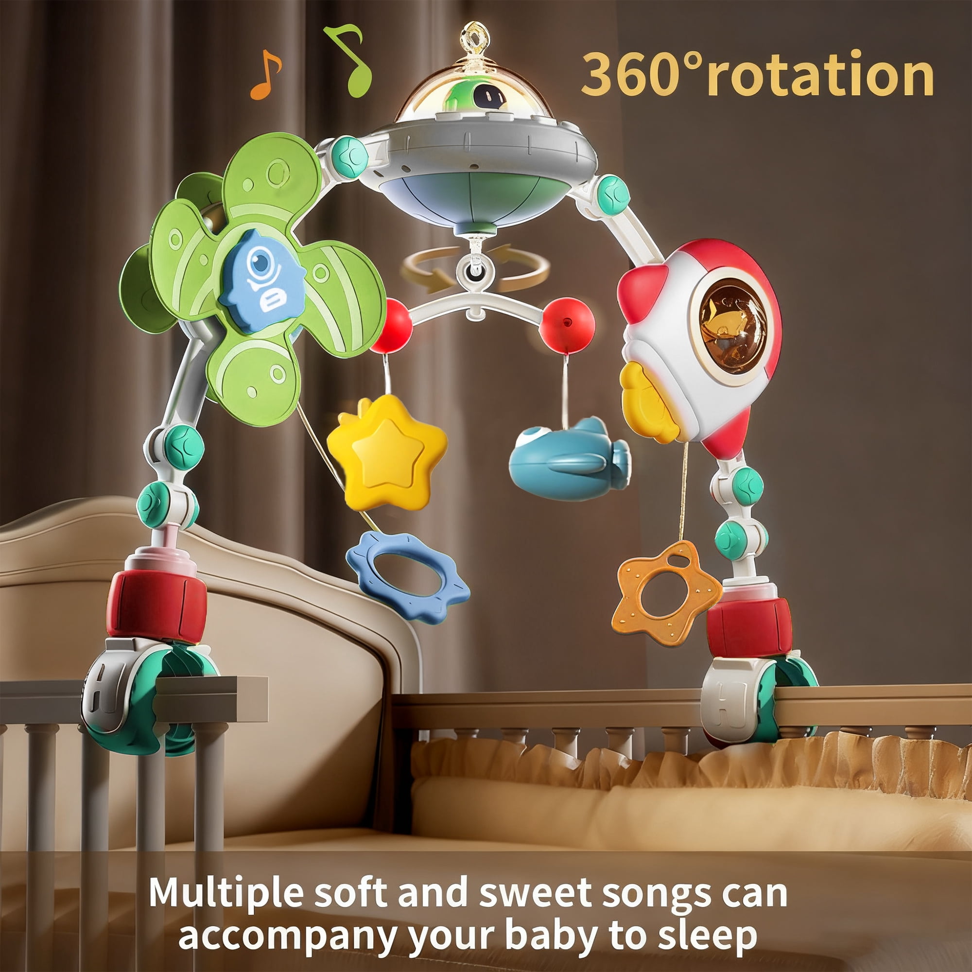 Ajdoll Musical Stroller Crib Mobile Arch Toy with Rotating Figures and Soft Light, Travel Activity Toy
