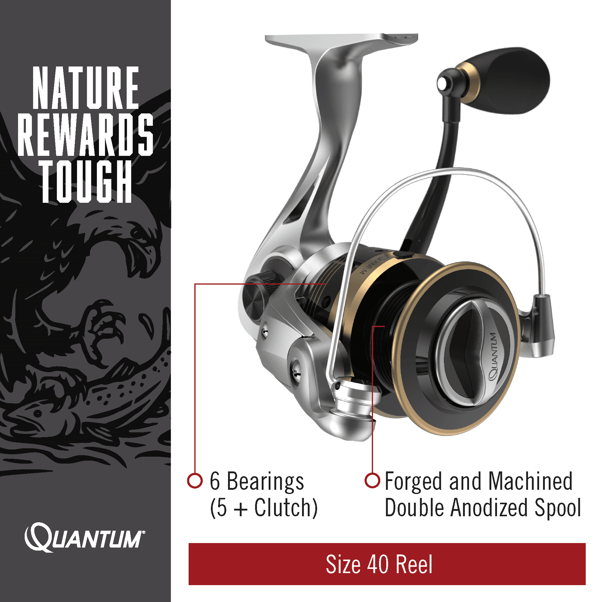 Quantum Strategy Spinning Fishing Reel, Size 20 Reel, Changeable Right- or  Left-Hand Retrieve, Lightweight Composite Body and Rotor, TRU Balance Rotor,  EVA Handle Knob, 5.2:1 Gear Ratio, Silver/Gold 