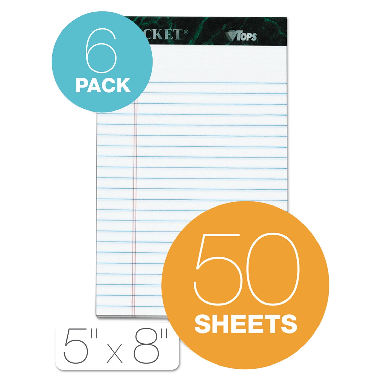 TOPS 63366 Docket 5 in. x 8 in. Ruled Perforated Pads - Narrow, White (50 Sheets/Pad, 6 Pads/Pack)