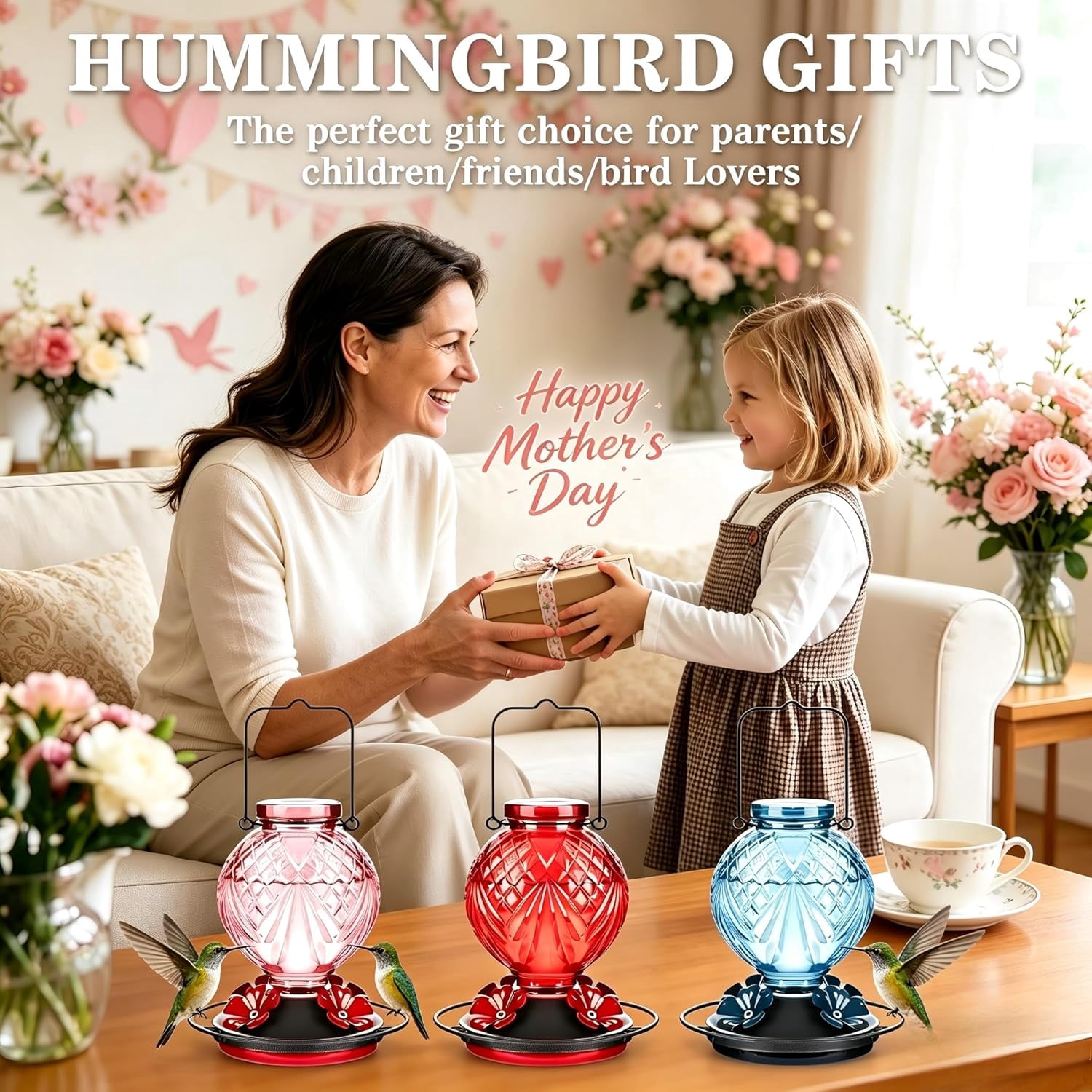 Glass Hummingbird Feeder for Outdoors Hanging, 20oz Bird Nectar Feeder with 4 Bee Guard Flower-Shaped Feeding Ports & Built-in Ant Moat, Easy to Clean, for Bird Lover,2 Pack,Red