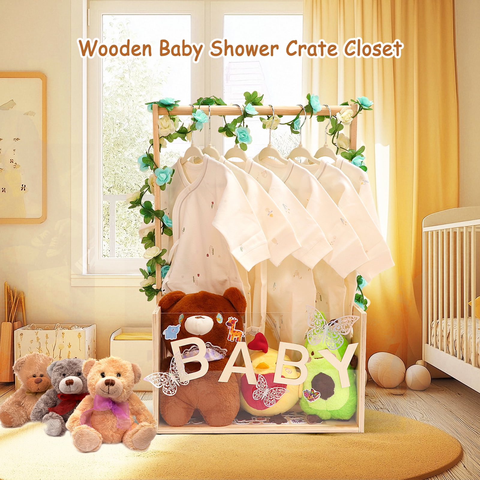 Baby Shower Crate Closet with Acrylic Clear Front Panel, Wood Shower Basket with Handle, Perfect Storage Crate for New Baby Gift