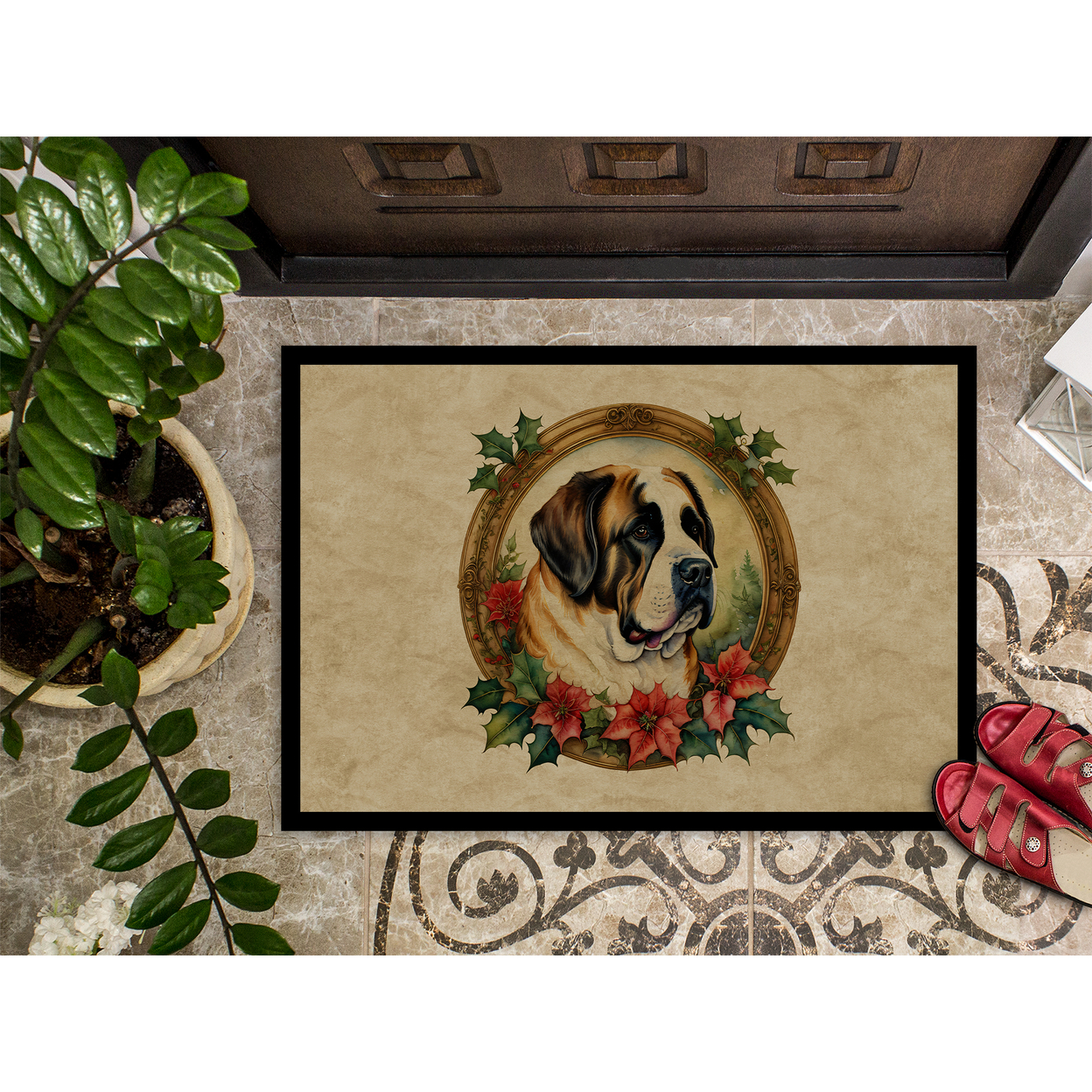 Carolines Treasures DAC2420MAT 18 x 27 in. Unisex Saint Bernard Christmas Flowers Doormat