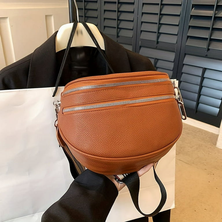 Junior Fashion Double Zipper Fanny Pack Women s Faux Leather Crossbody Bag With Wide Strap
