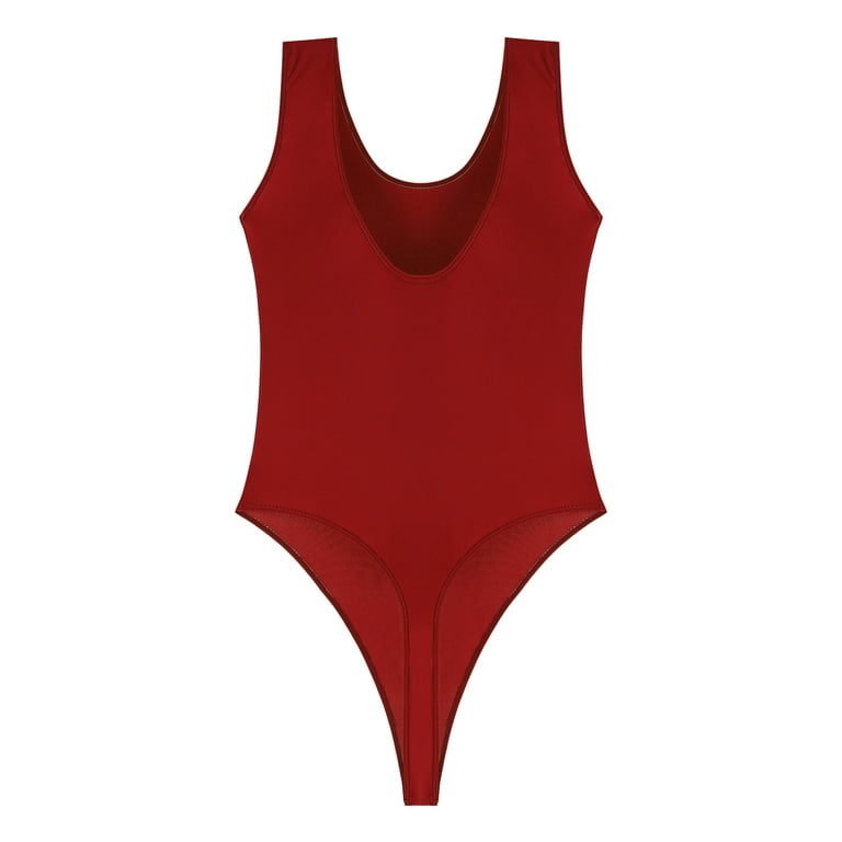 YONGHS Women U Neck High Cut Thong Glossy Bodysuit Swimsuit Swimwear Bodies  Tops Coffee XL