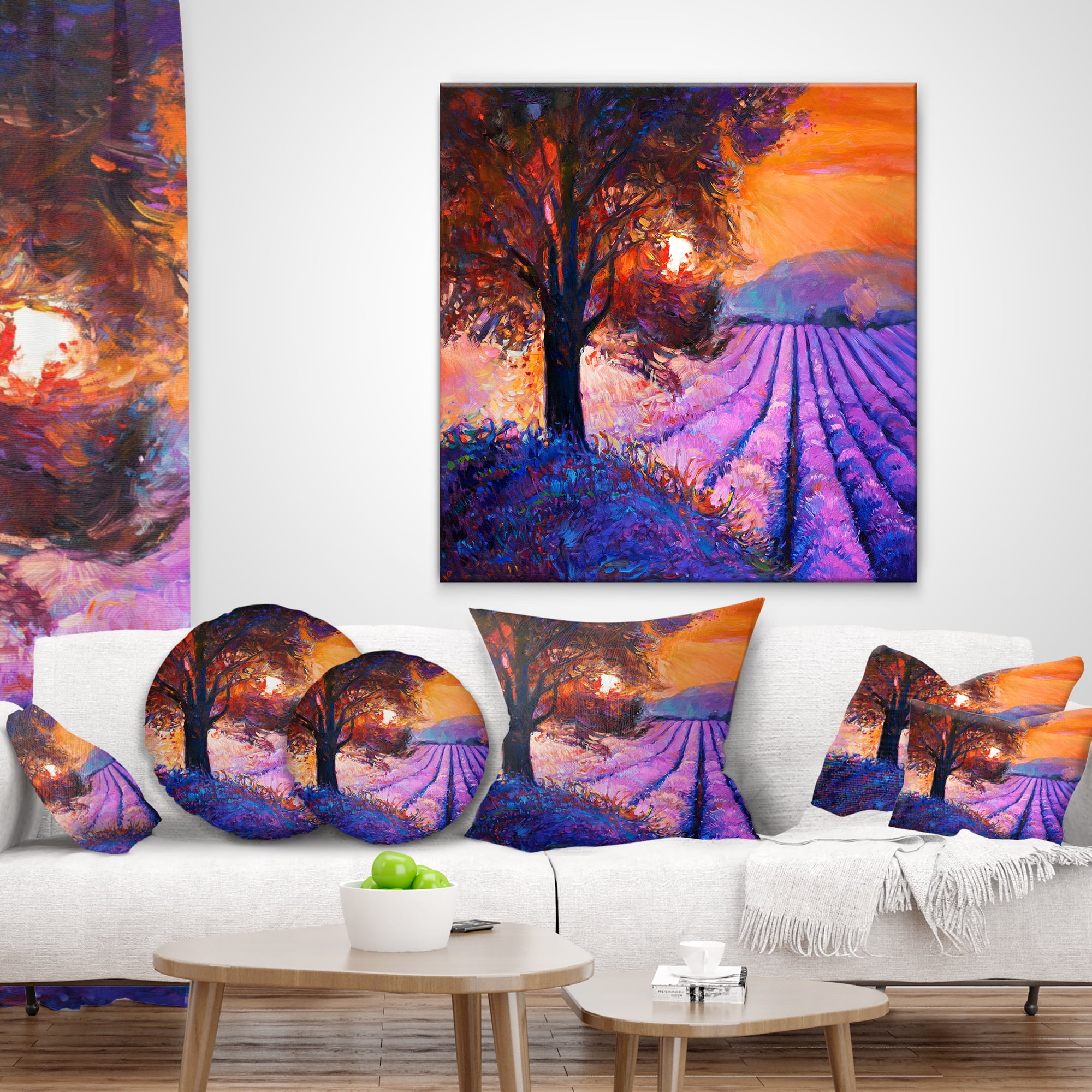 Designart Majestic Lavender Field and Tree - Floral Throw Pillow - 12x20