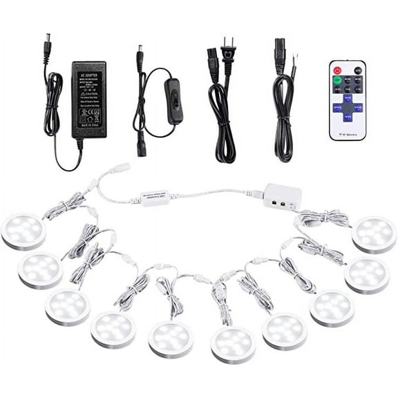 Linkable Dimmable Under Cabinet LED Puck Lights - 12V with Wireless RF Remote Control, Hardwired & Plug-in Options, Daylight White (10 Lights)