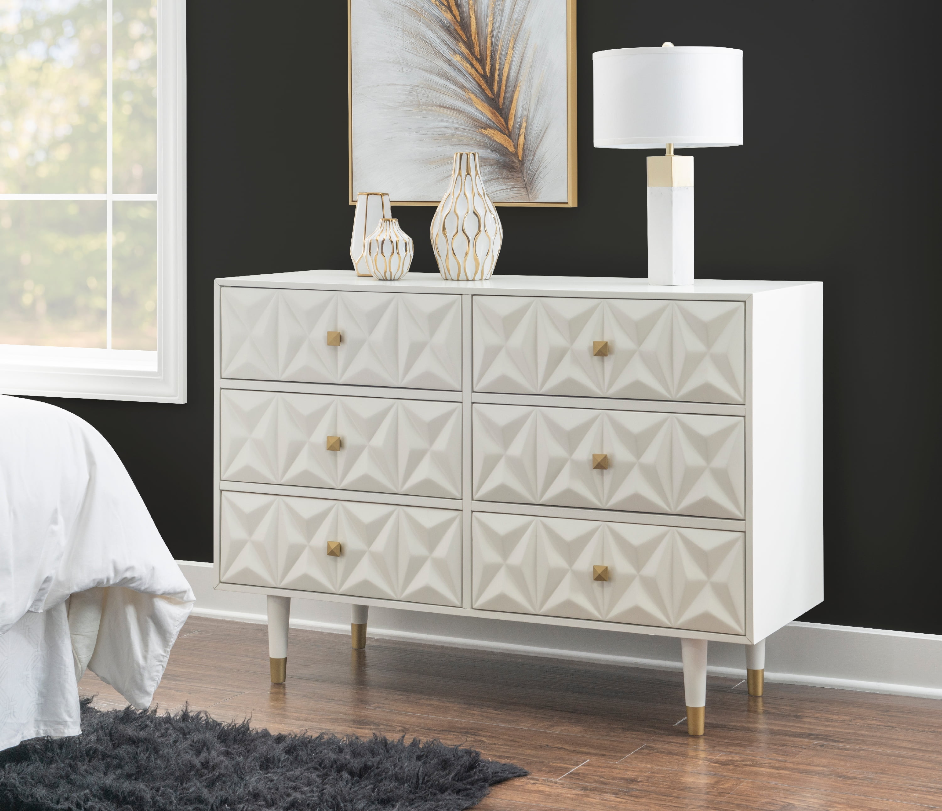 Linon Alick Wood Geo Texture 6 Drawer Dresser with Gold Hardware in Gray