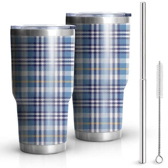 30oz Blue White and Yellow Checkered Pattern Tumblers Stainless Steel Tumbler with Lid and Straw,Vacuum Insulated Double Wall Travel Tumbler Cups Mug with Cleaning Brush for Coffee,Tea