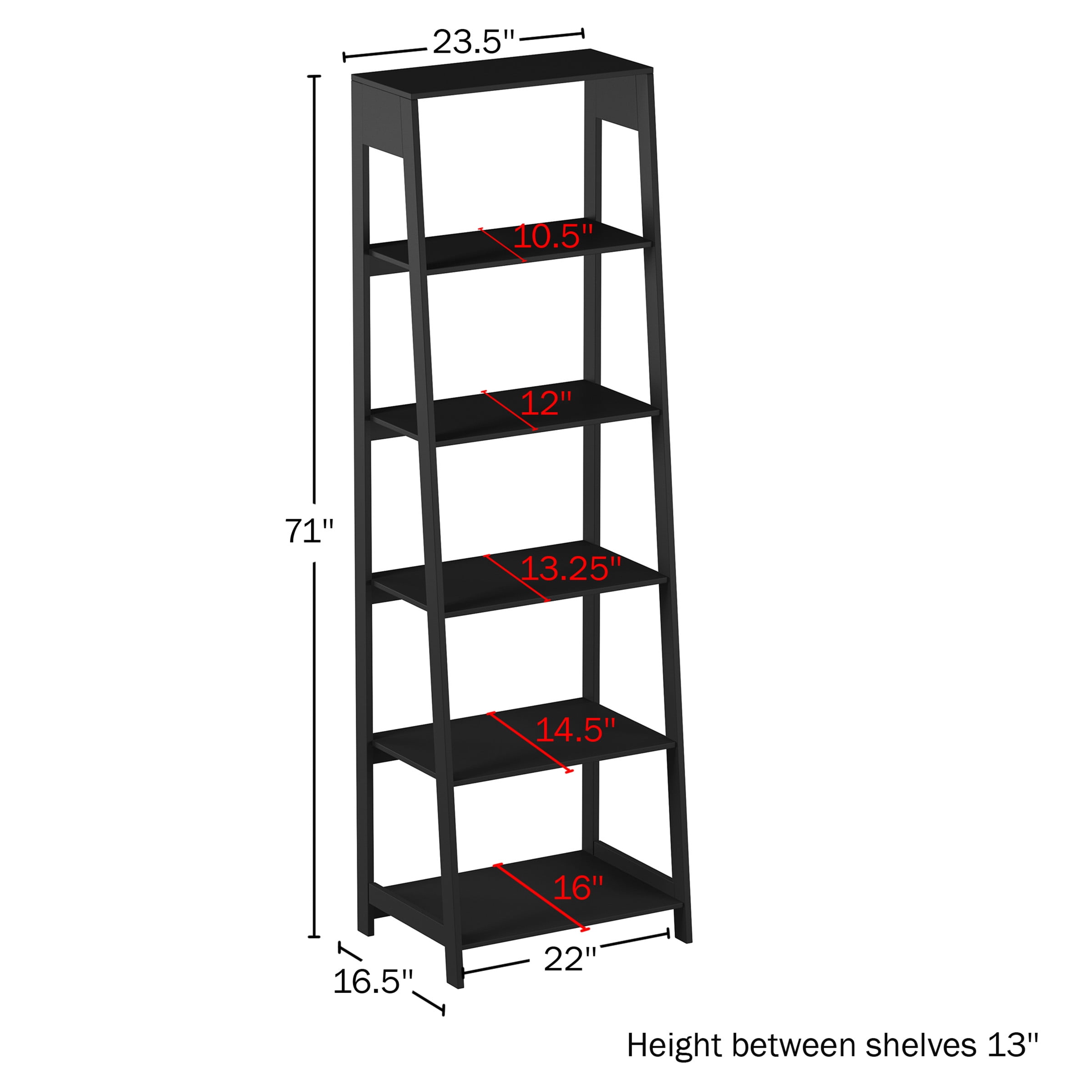 Lavish Home 5-Tier Ladder Bookshelf - Freestanding Wooden Bookcase Frame with Leaning Look - Shelves for Home and Office Storage, Black