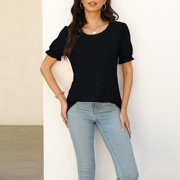 Xixinqiwan Short Sleeve Shirt for Women Solid Round Neck T Shirts Summer Casual Loose Basic Tee Tops