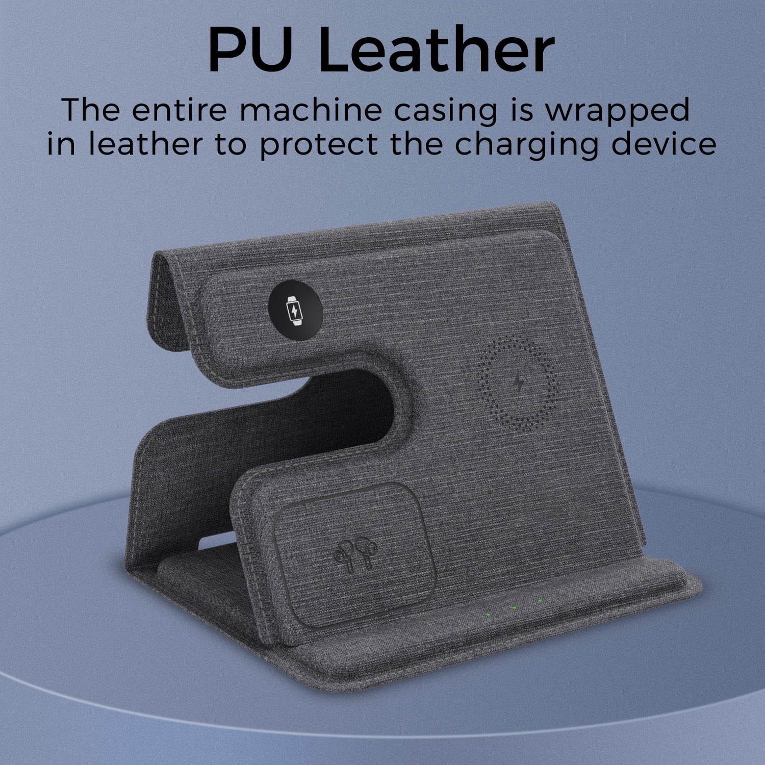 3 in 1 Wireless Charger Leather Stand for iPhone, AirPods, iWatch, Cellphones/Earbuds with wireless charging function, 18W high power, Efficient induction, Intelligent indicator light, Double coil