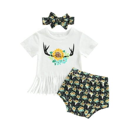 

Calsunbaby Newborn Baby Girls Summer Clothes Short Sleeve Floral Tassels Tops Shorts Headband Casual Outfits White 6-12 Months
