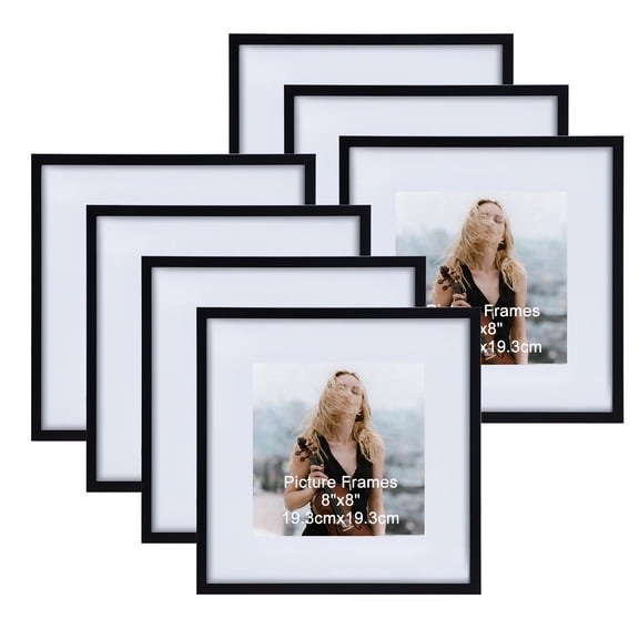 12x12 Picture Frames Set of 7 without Mat or 8x8 with Mat, Black for Wall or Tabletop