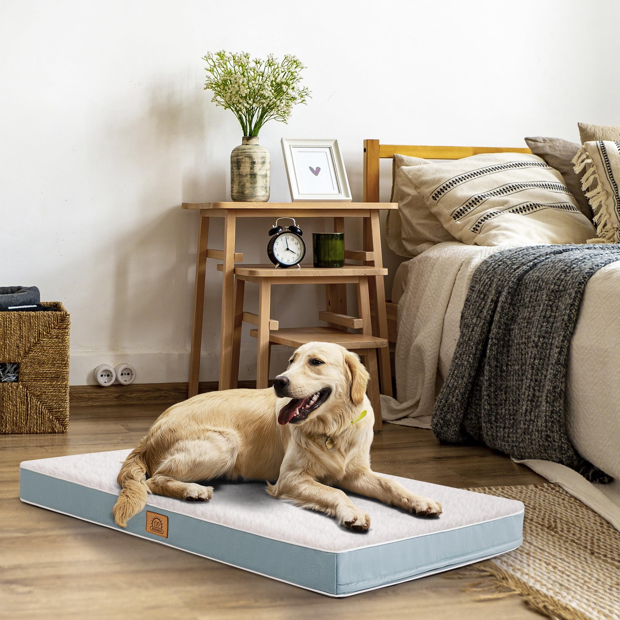 Dog Bed For Large Dogs - Big Waterproof Crate With Removable Washable Cover  Egg Foam Support Anti-slip Bottom Deluxe Plush Pet Mat (blue)