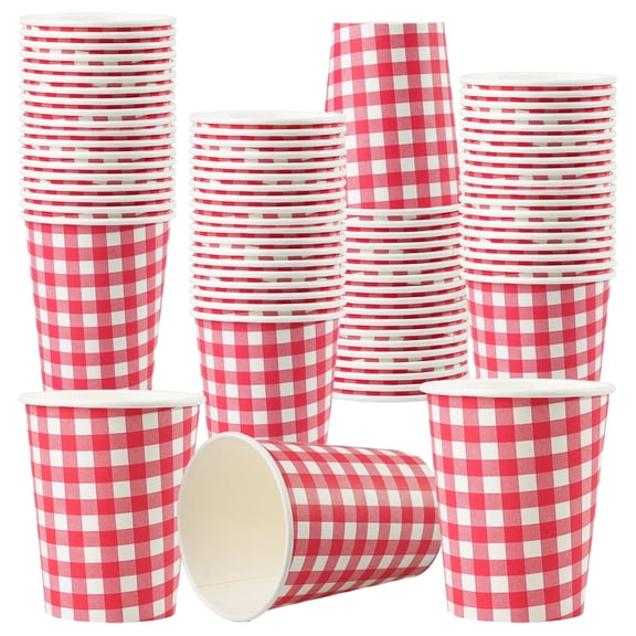 Paper Cups, 50 Count 8 oz Disposable Coffee Cups with Red Plaid Gingham Pattern, Leak-Proof Microwave Safe for Hot and Cold Drinks, Party, BBQ and Picnic