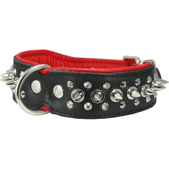 Dogs My love Spiked Studded Genuine Leather Dog Collar 1.75" Wide (14"-17" Neck; 1.75" Wide, Black/Red)