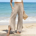 thumbnail image 5 of ZHYou No Boundarie Linen Pants for Women Flared Wide Leg Ruffle Summer Casual Lightweight Smocked High Waist Baggy Pull On Trousers Beige Size XL, 5 of 5
