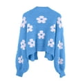 thumbnail image 5 of OGLCCG Women's Cute Flower Cropped Cardigan Long Sleeve V Neck Open Front Floral Knit Sweater Tops Winter Warm Fuzzy Cropped Sweater Coats,S,Blue, 5 of 8