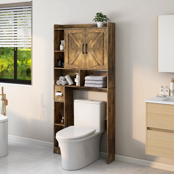 Over The Toilet Storage Cabinet, Farmhouse Storage Cabinet Over Toilet with 2 Barn Door & Toilet Paper Holder Stand,Home Space-Saving Toilet Rack, for Bathroom, Restroom, Laundry