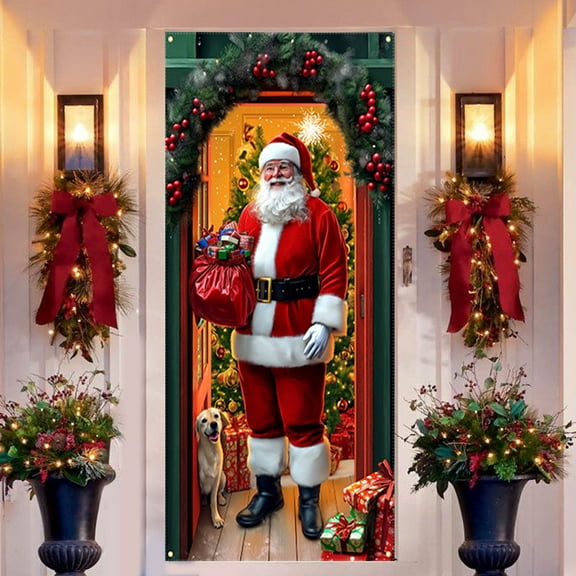 KOYPTL Christmas Door Cover For Front Door,Merry Christmas Santa Claus Pattern Banner For Indoor Outdoor Decor,Backdrop Banner Hanging For Holiday Home Party Christmas Decorations 71 X 35 Inch