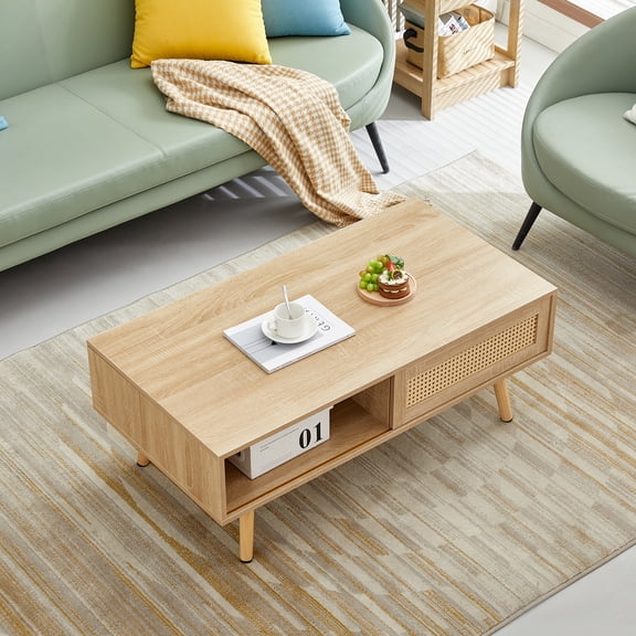 41.34" Rattan Coffee Table with Sliding Storage Door, Solid Wood Legs, Easy to Assemble, Modern Design for Living Room
