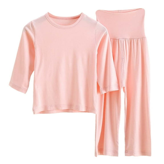 Girls Pajama Sets Short Sleeve High Waist Sleepwear Outfits Solid Color Shirts and Pants 2 Pieces Set Pink 12-18 Months