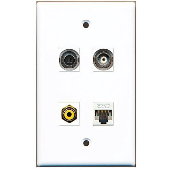 RiteAV - 1 Port RCA Yellow 1 Port 3.5mm 1 Port BNC 1 Port Cat5e Ethernet White Wall Plate