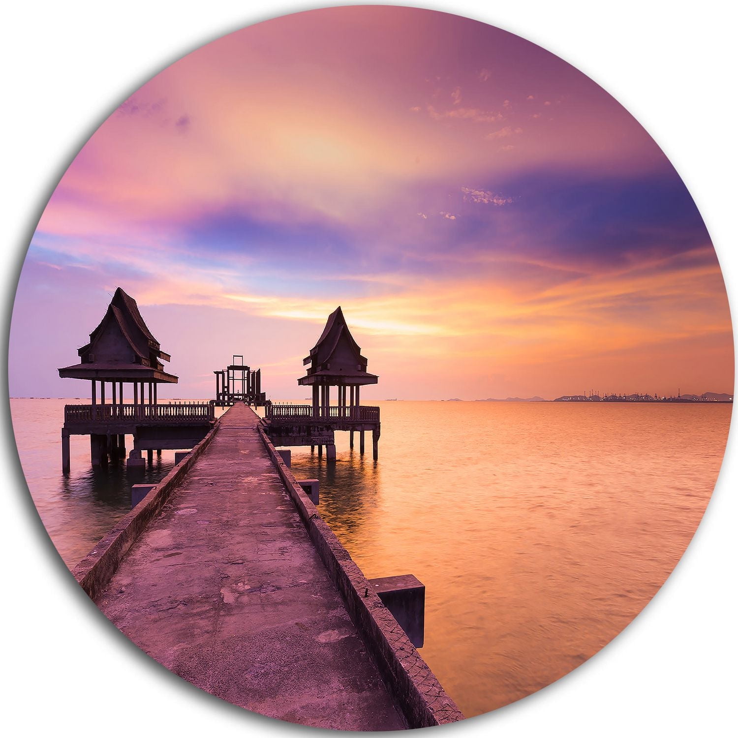 Design Art Walking Path to Abandoned Temple' Ultra Glossy Sea Bridge Metal Circle Wall Art