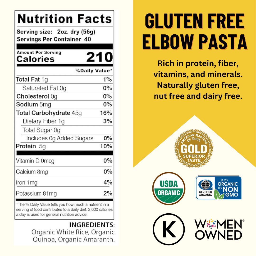 Pasta, Elbow 4/5LB BAGS Certified Gluten Free, USDA Organic & GMO Free,  Wheat & Corn-Free, Made w/3 Ingredients -Mountain High Organics