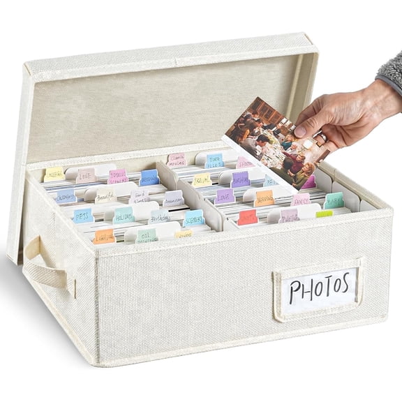 VOZOGO Photo Storage Box with Lid Sturdy Linen Decorative Photo Organizer with Dividers Fits Holds Up to 1700 Pictures and 4x6 Photos for Scrapbook Supplies,Cards, Stamps,Craft,Beige