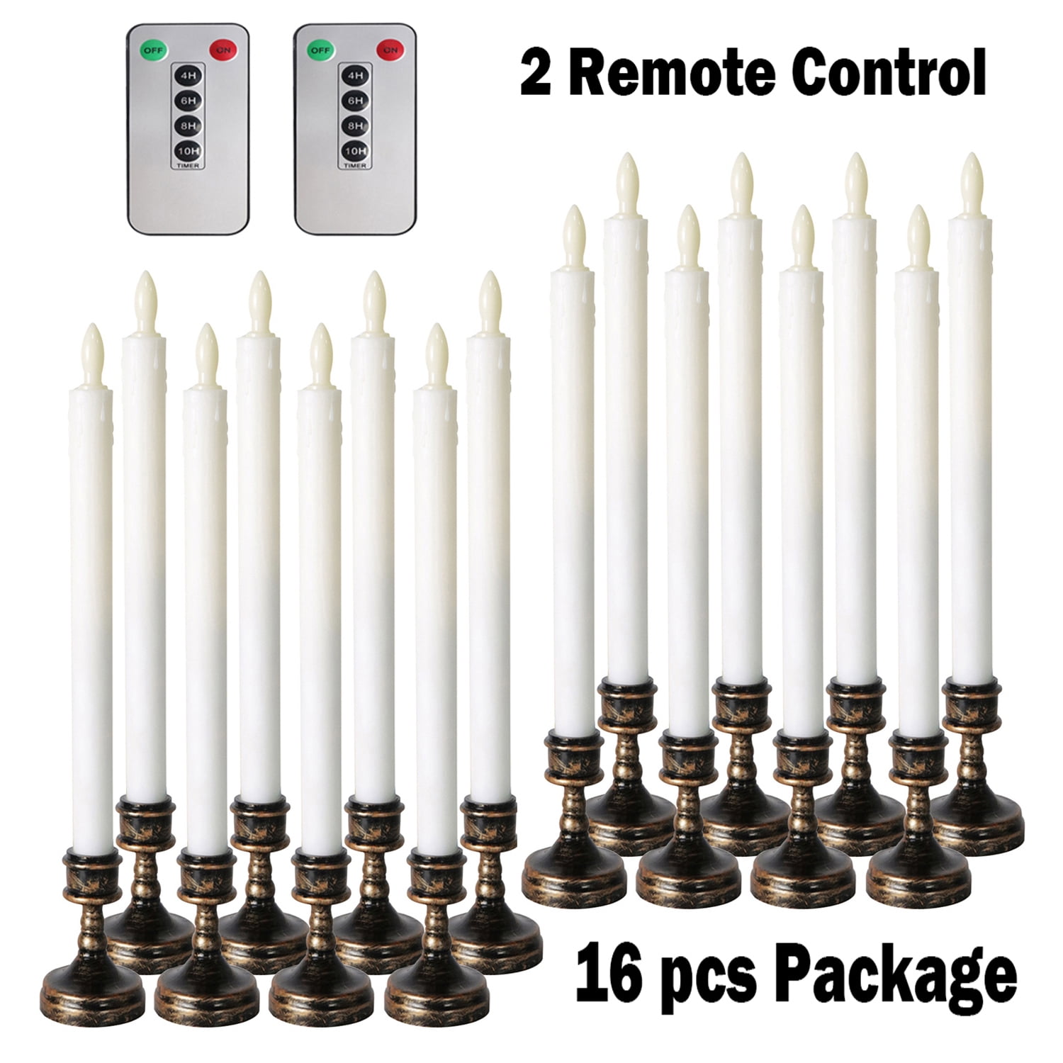 16 PCS LED Flameless Taper Candles with Aged Bronze Base & 2 Remote