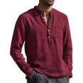 thumbnail image 1 of Men Henley T Shirts Casual Long Sleeve Button Linen V Neck Winter Loose Tops, 1 of 3
