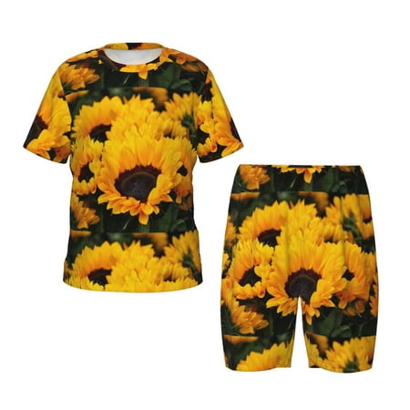 Luyuia Flower Bush Sunflower Print Girls  2-Piece Tie-Dye Pajama Set  Cute Summer Loungewear with Shirt and Tank Shorts Nightwear-X-Large