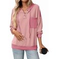 thumbnail image 2 of Women's Contrast Color Stripe V-Neck Hooded Sweatshirt Long Sleeve Casual Pullover with Snap Buttons, 2 of 5