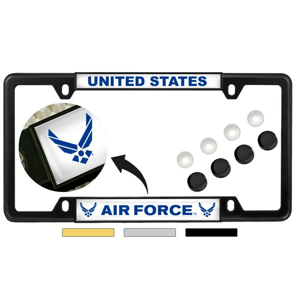 [Officially Licensed Product] - U.S. Air Force - Domed Custom-Made Personalized Narrow (Thin) Top 4 Hole Metal Car License Plate Frame with Free caps - Black (Quantity: 1 Frame)