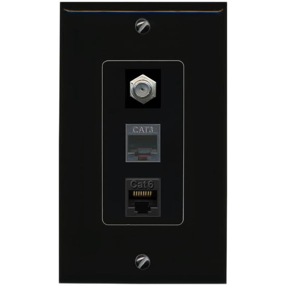 RiteAV 1 Port CAT6 Ethernet Coax Phone Wall Plate - 1 Gang Decorative [Black/Black]
