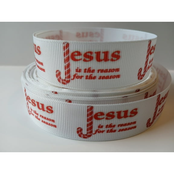 Grosgrain Ribbon Printed Christmas Jesus Is The Reason For The Season with Candy Cane, 3 Yards 7/8 Inch Wide