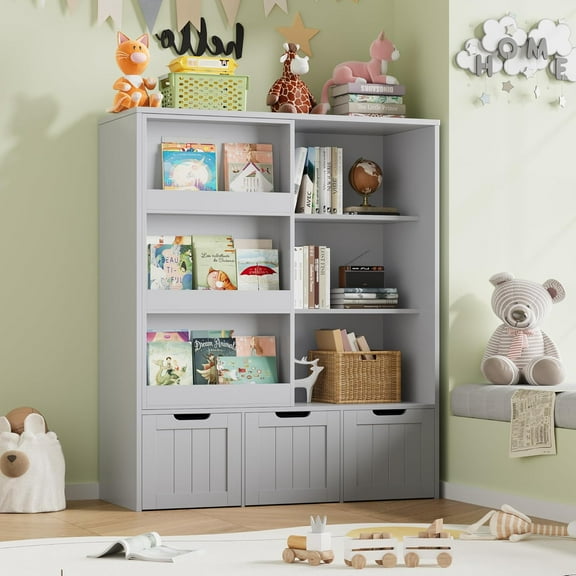 Toy Storage Organizer with Sliding Book Shelf, Toy Organizers and Storage with 3 Movable Drawers and 6 Storage Cubbies, Playroom Organization and Storage Kids Bookshelf for Playroom, Bedroom